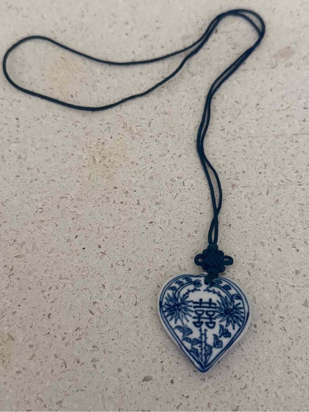 Blue/White Porcelain Double Happiness Heart Pendant Necklace Chinese Knot Cord